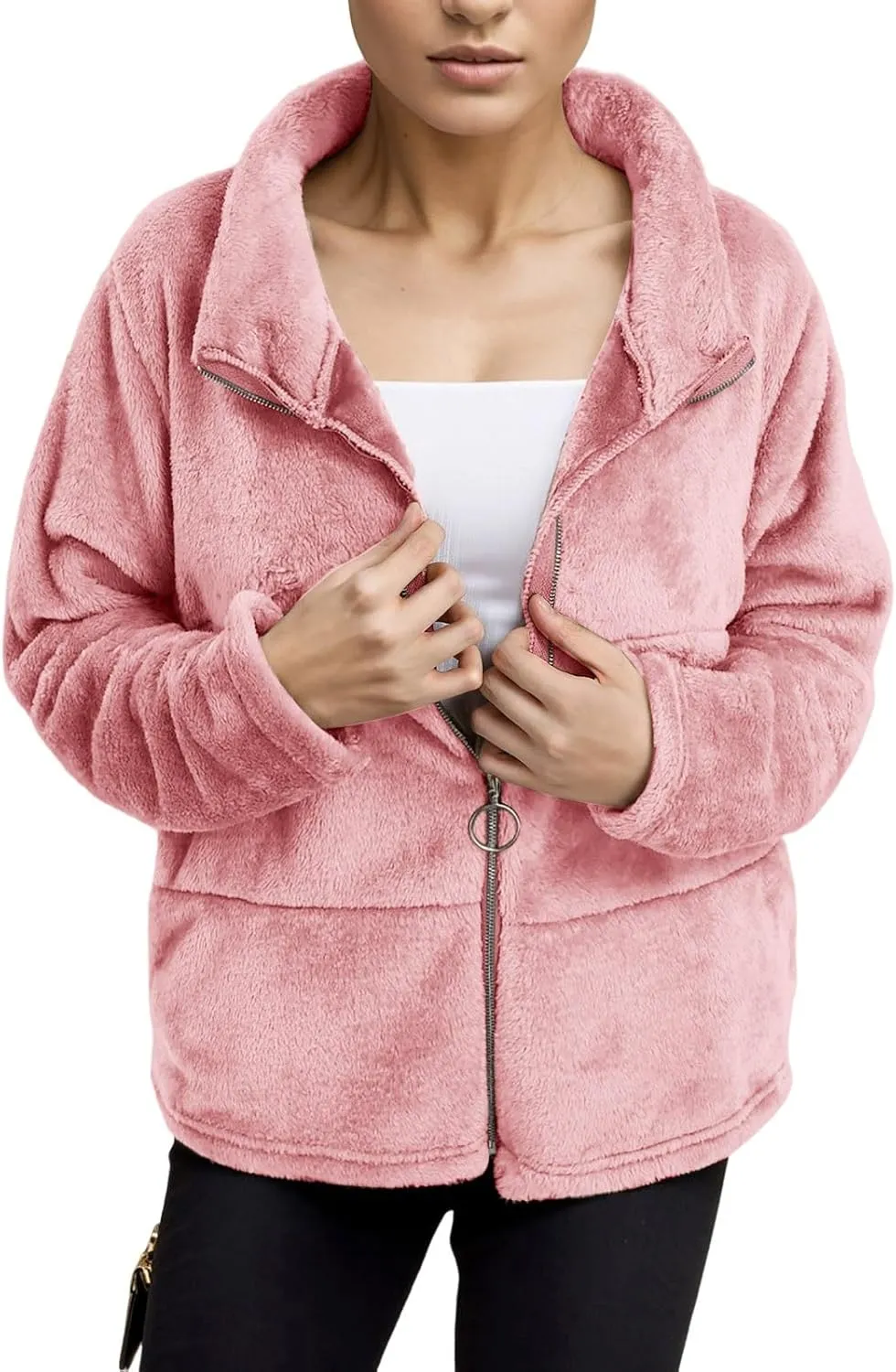 2023 Women's Winter Coats Fleece Warm Jacket Long Sleeve Open Front Cardigan Zip Up Shaggy Soft Outerwear Clothes