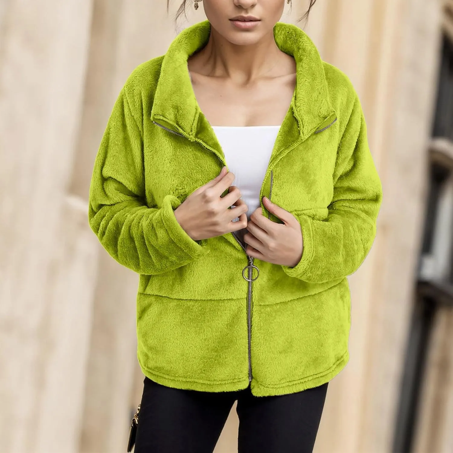 2023 Women's Winter Coats Fleece Warm Jacket Long Sleeve Open Front Cardigan Zip Up Shaggy Soft Outerwear Clothes