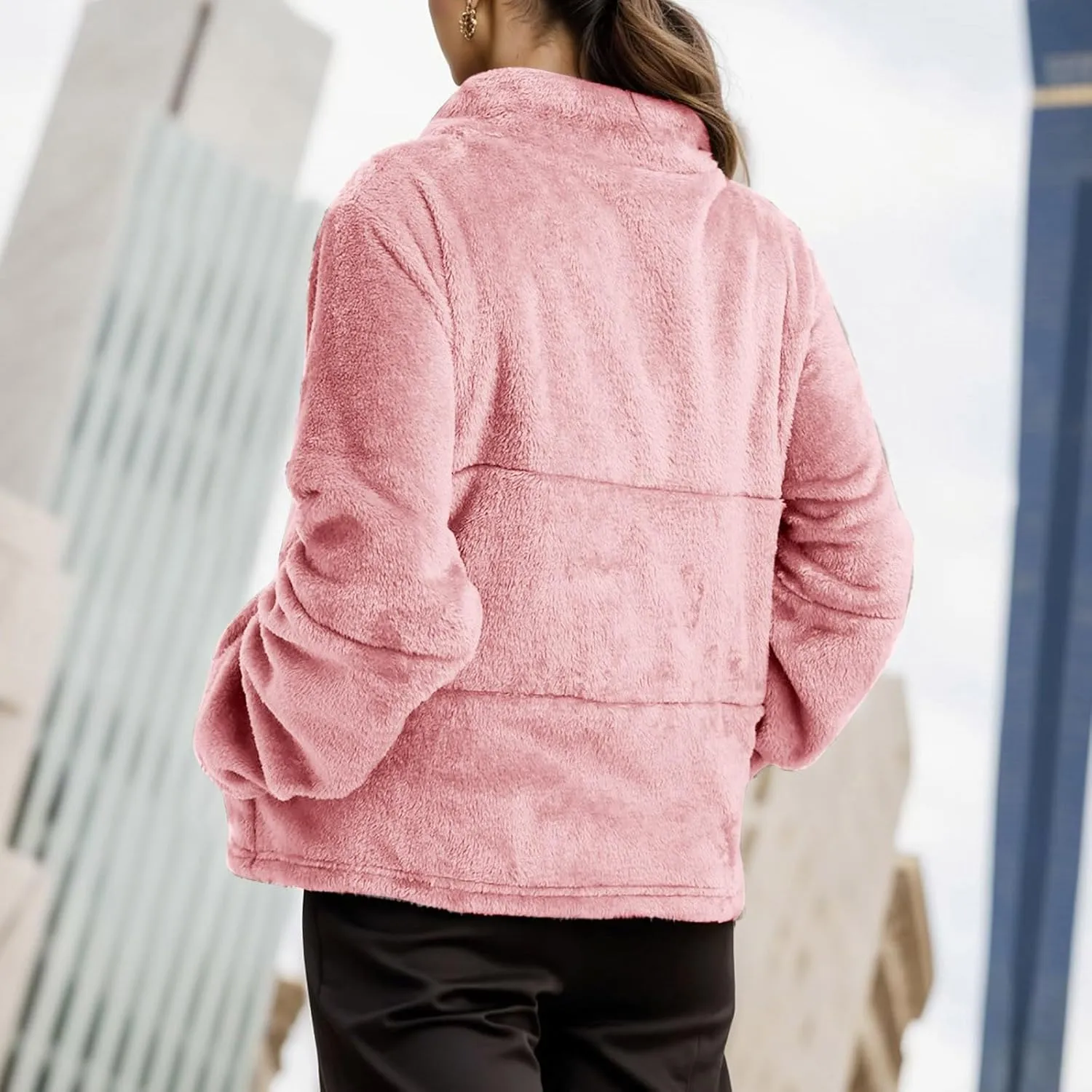 2023 Women's Winter Coats Fleece Warm Jacket Long Sleeve Open Front Cardigan Zip Up Shaggy Soft Outerwear Clothes
