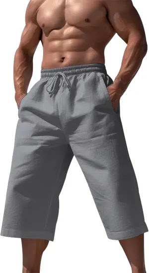3/4 Summer Wide Leg Linen Capri Pants for Men Loose Fit Elastic Waist Drawstring Baggy Beach Yoga Harem Long Shorts