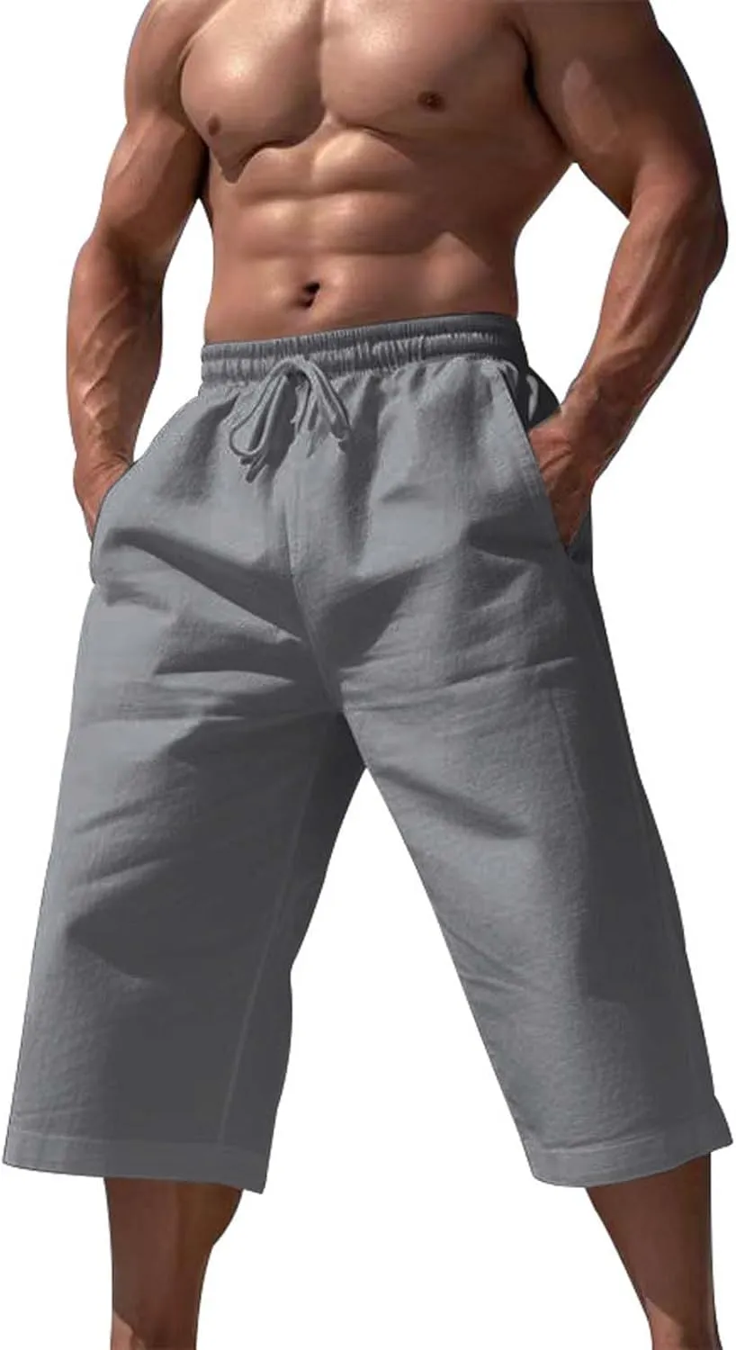 3/4 Summer Wide Leg Linen Capri Pants for Men Loose Fit Elastic Waist Drawstring Baggy Beach Yoga Harem Long Shorts