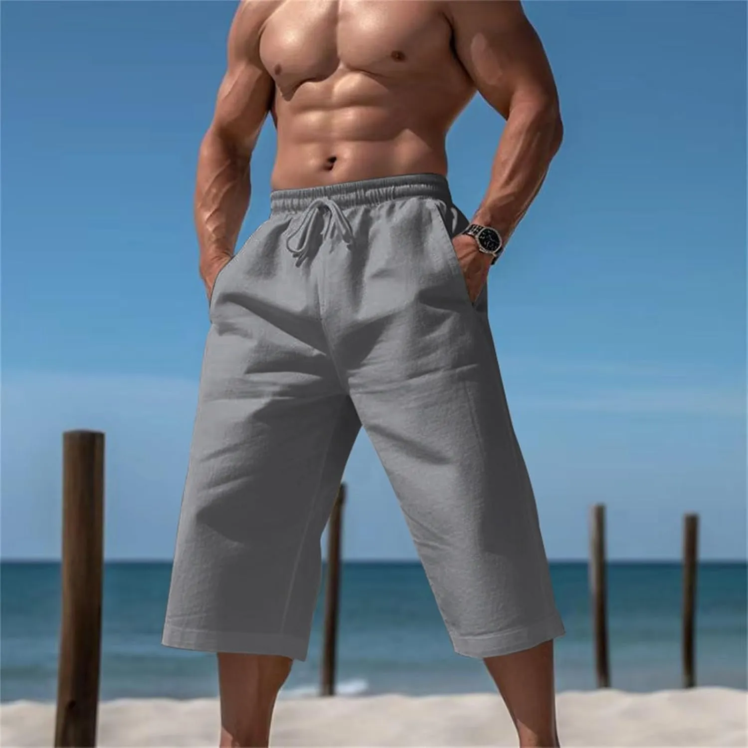 3/4 Summer Wide Leg Linen Capri Pants for Men Loose Fit Elastic Waist Drawstring Baggy Beach Yoga Harem Long Shorts