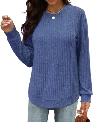 Beimuc Womens Tunic Tops Lightweight Crewneck Sweaters Loose Fit Long Sleeve Shirts High Low Curved Hem