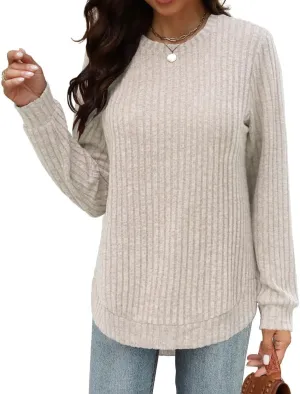 Beimuc Womens Tunic Tops Lightweight Crewneck Sweaters Loose Fit Long Sleeve Shirts High Low Curved Hem