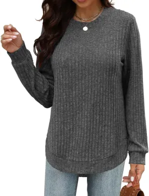 Beimuc Womens Tunic Tops Lightweight Crewneck Sweaters Loose Fit Long Sleeve Shirts High Low Curved Hem