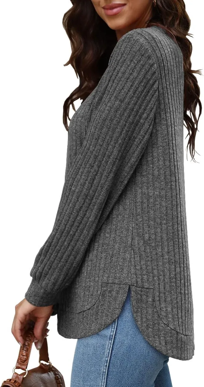 Beimuc Womens Tunic Tops Lightweight Crewneck Sweaters Loose Fit Long Sleeve Shirts High Low Curved Hem
