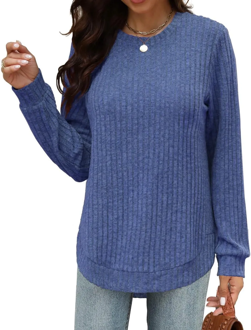 Beimuc Womens Tunic Tops Lightweight Crewneck Sweaters Loose Fit Long Sleeve Shirts High Low Curved Hem