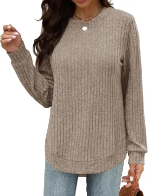 Beimuc Womens Tunic Tops Lightweight Crewneck Sweaters Loose Fit Long Sleeve Shirts High Low Curved Hem