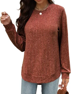 Beimuc Womens Tunic Tops Lightweight Crewneck Sweaters Loose Fit Long Sleeve Shirts High Low Curved Hem
