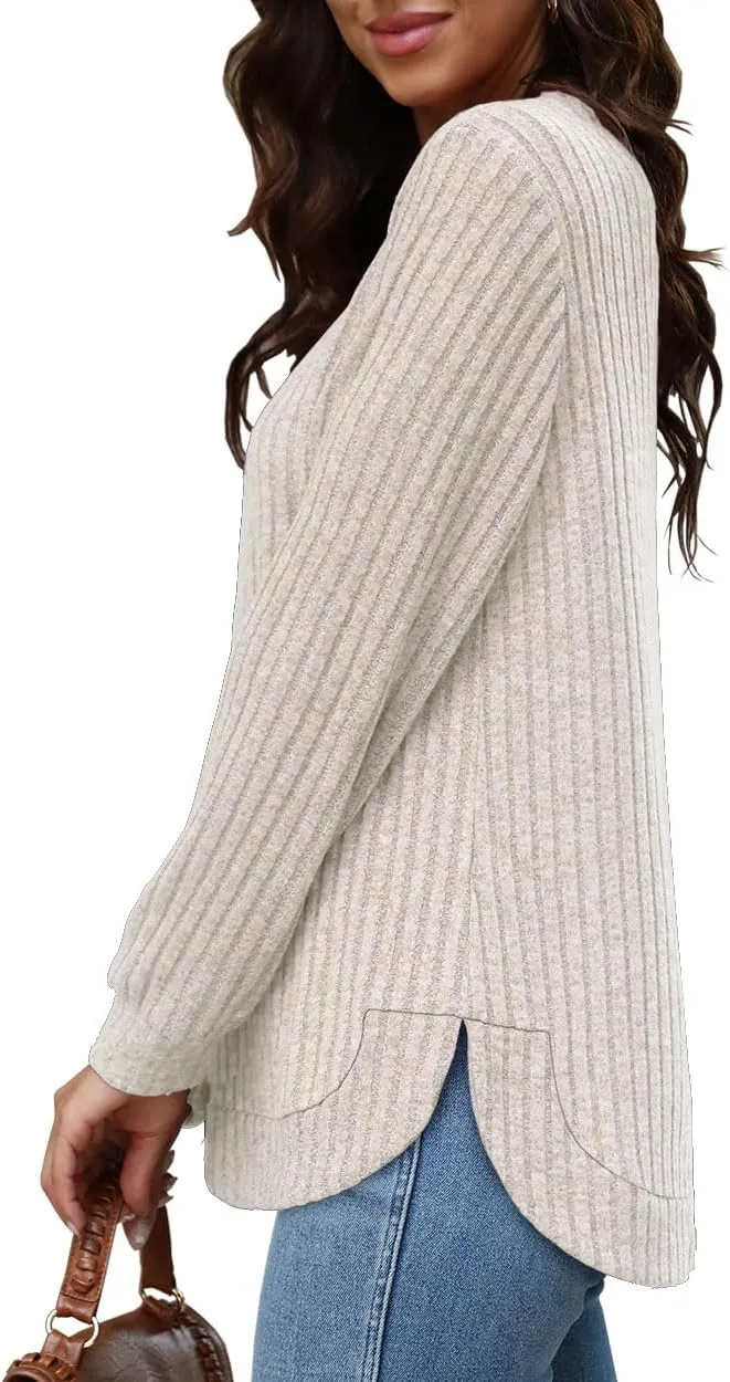 Beimuc Womens Tunic Tops Lightweight Crewneck Sweaters Loose Fit Long Sleeve Shirts High Low Curved Hem