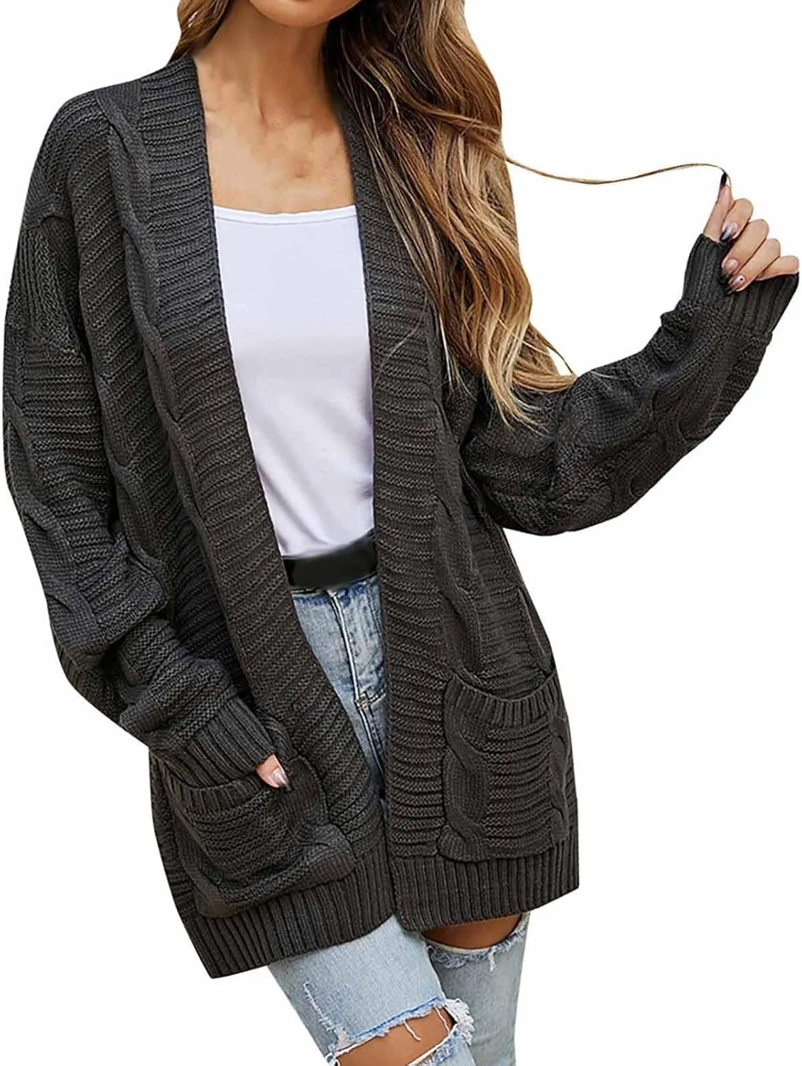 Cable Knit Cardigan Women Oversized Long Sleeve Chunky Sweater Lightweight Open Front Cardigan with Pockets