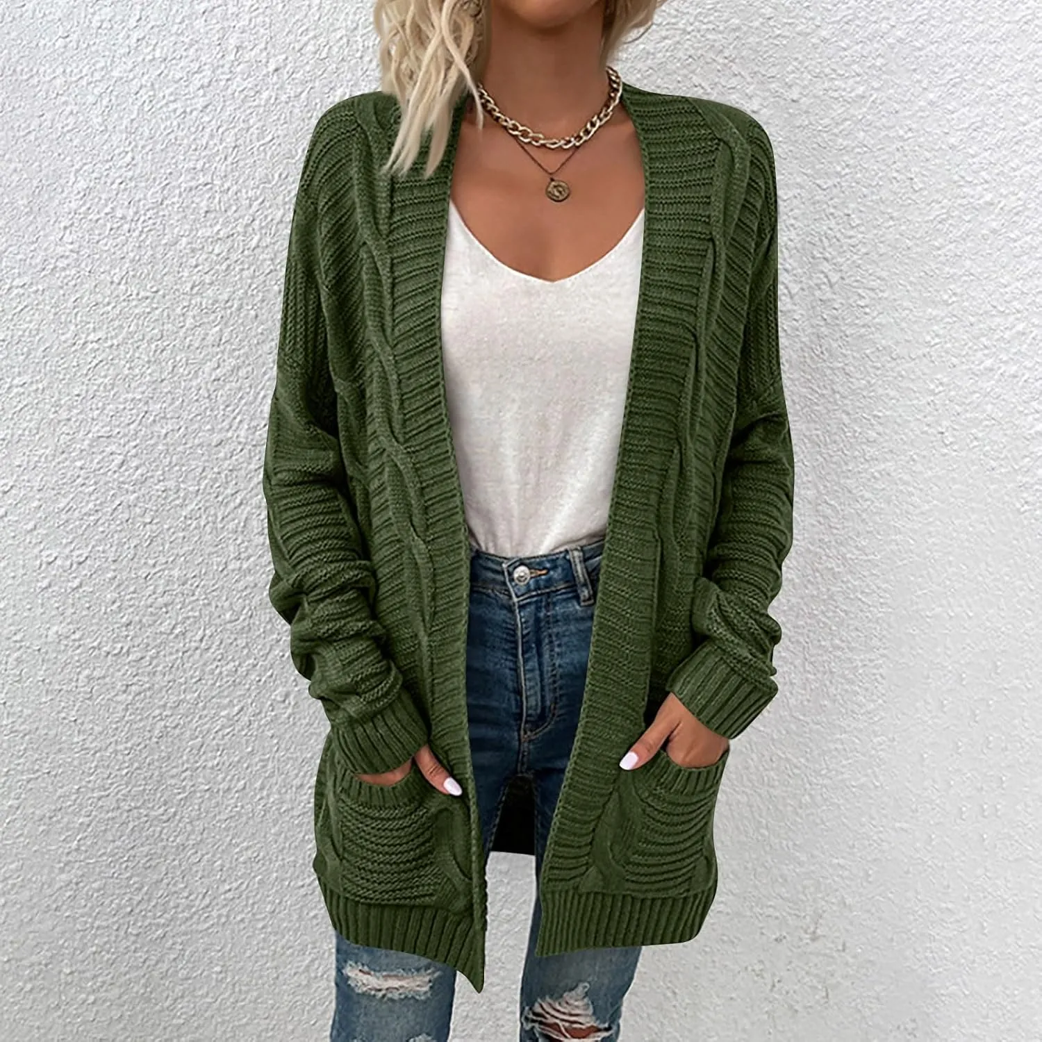 Cable Knit Cardigan Women Oversized Long Sleeve Chunky Sweater Lightweight Open Front Cardigan with Pockets