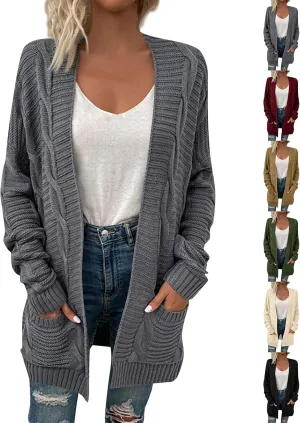 Cable Knit Cardigan Women Oversized Long Sleeve Chunky Sweater Lightweight Open Front Cardigan with Pockets