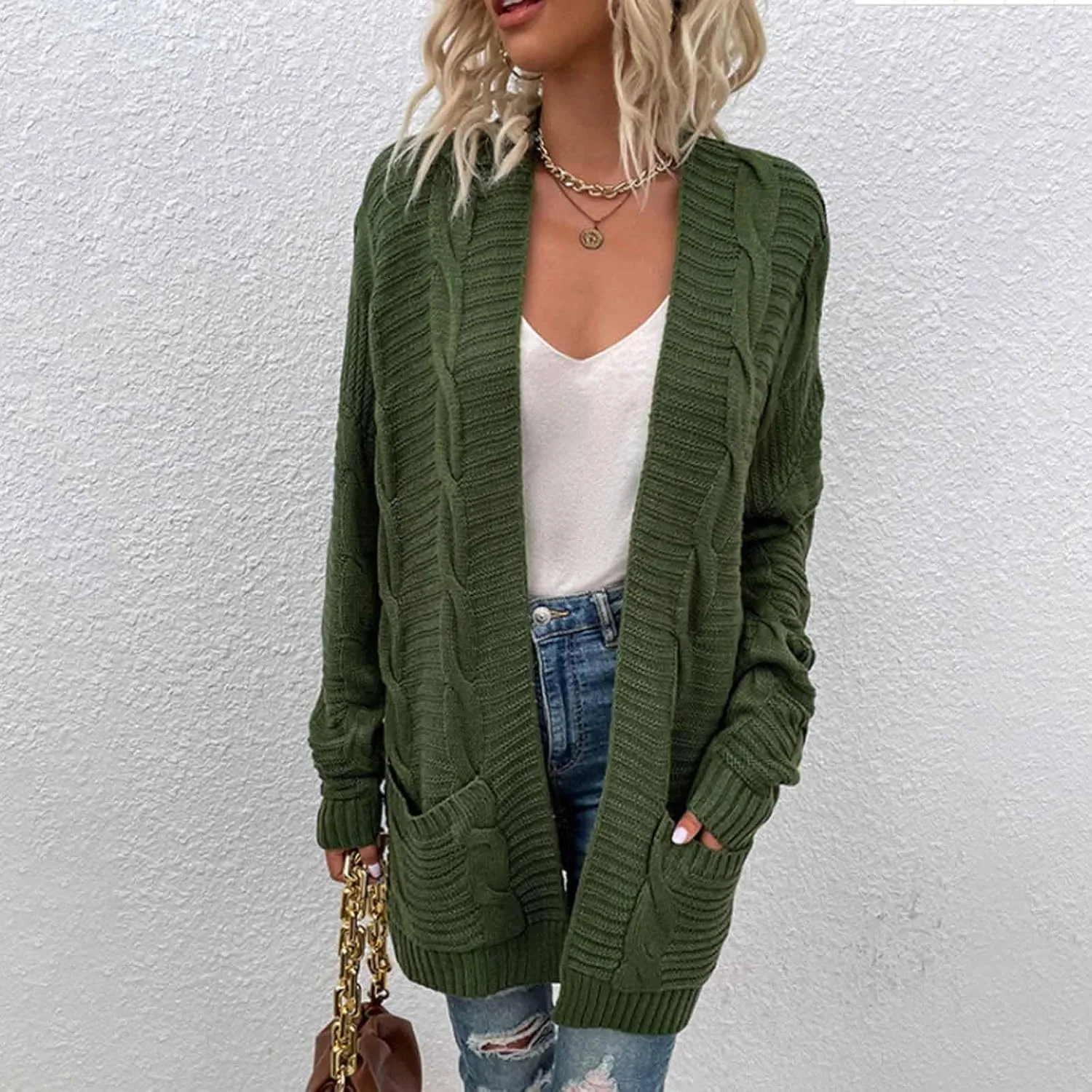Cable Knit Cardigan Women Oversized Long Sleeve Chunky Sweater Lightweight Open Front Cardigan with Pockets
