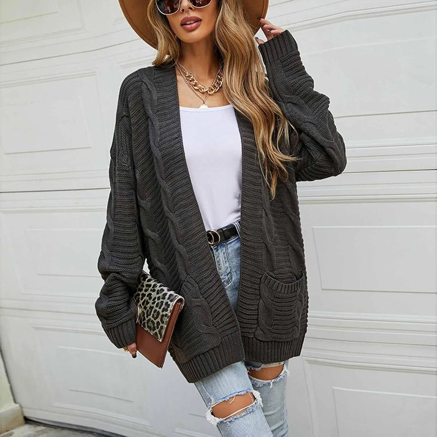 Cable Knit Cardigan Women Oversized Long Sleeve Chunky Sweater Lightweight Open Front Cardigan with Pockets