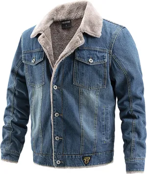 Canbebig Men's Lapel Sherpa Fleece Lined Denim Jacket Thicken Warm Coats Casual Button Down Trucker Jackets Coat Outerwear