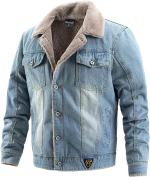 Canbebig Men's Lapel Sherpa Fleece Lined Denim Jacket Thicken Warm Coats Casual Button Down Trucker Jackets Coat Outerwear