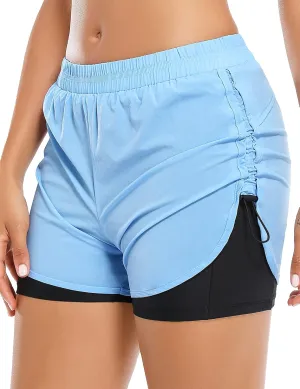 Cestyle Women's 2 in 1 Drawstring Side Color Block Double Layer Quick-Dry Running Athletic Shorts with Pockets