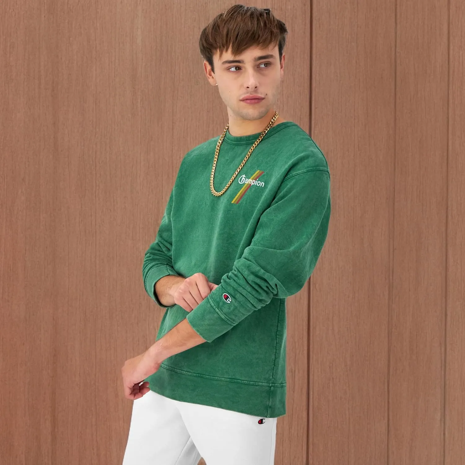 Champion Men's Sweatshirt, Mineral Dye Graphic Crewneck Sweatshirt, Men's Pullover Sweatshirt