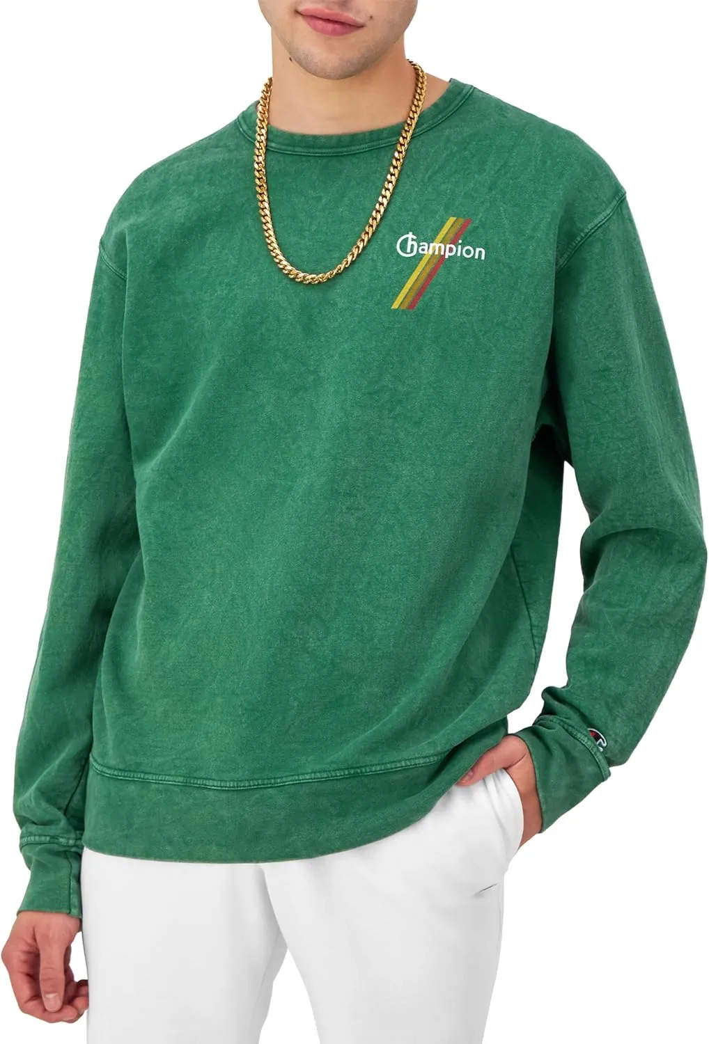 Champion Men's Sweatshirt, Mineral Dye Graphic Crewneck Sweatshirt, Men's Pullover Sweatshirt