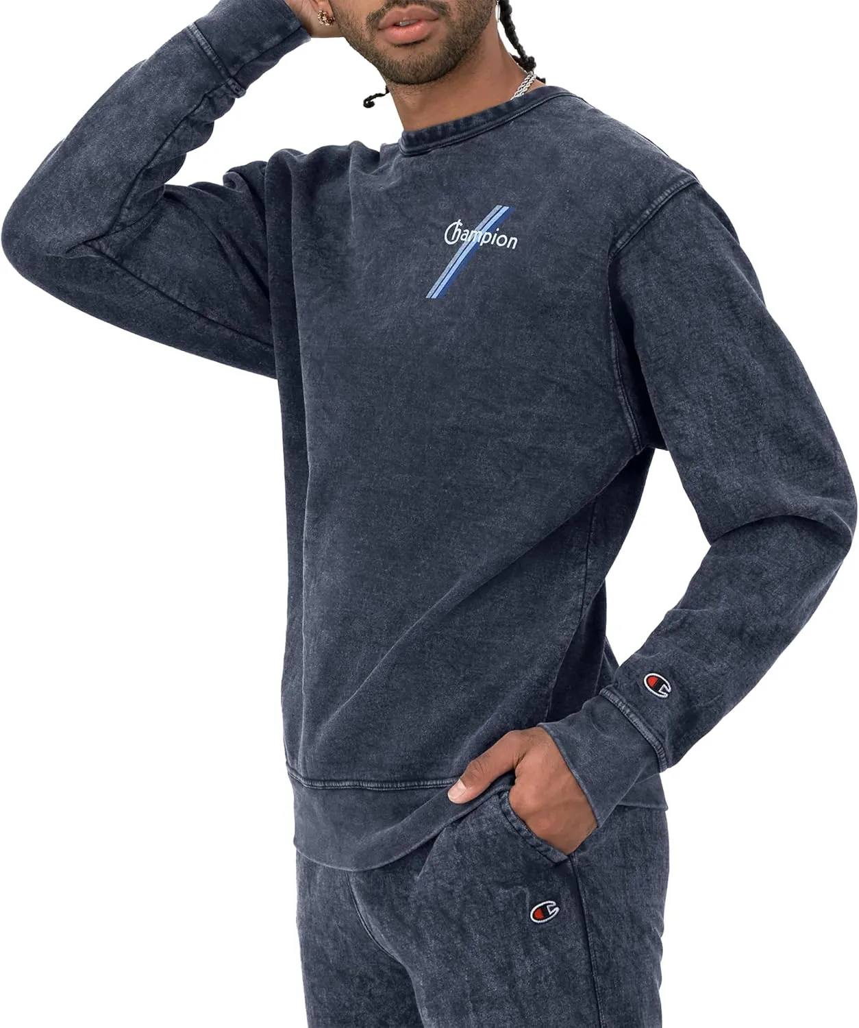 Champion Men's Sweatshirt, Mineral Dye Graphic Crewneck Sweatshirt, Men's Pullover Sweatshirt