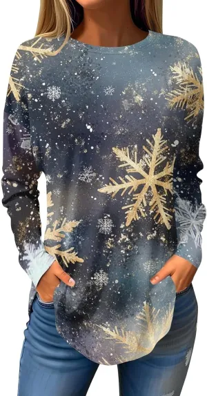 Christmas Shirts for Women 2024 Plus Size Funny Xmas Print Long Sleeve Tunic Tops Cute Casual Fall Winter Sweatshirts