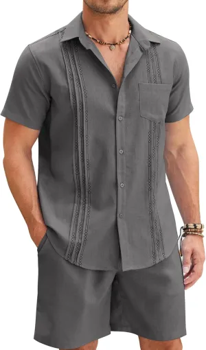 COOFANDY Mens Beach Outfits for Vacation 2 Piece Short Set Guayabra Sets Resort Wear
