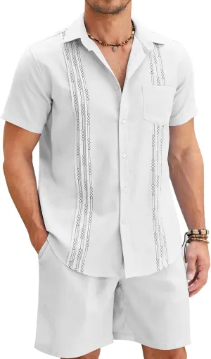 COOFANDY Mens Beach Outfits for Vacation 2 Piece Short Set Guayabra Sets Resort Wear