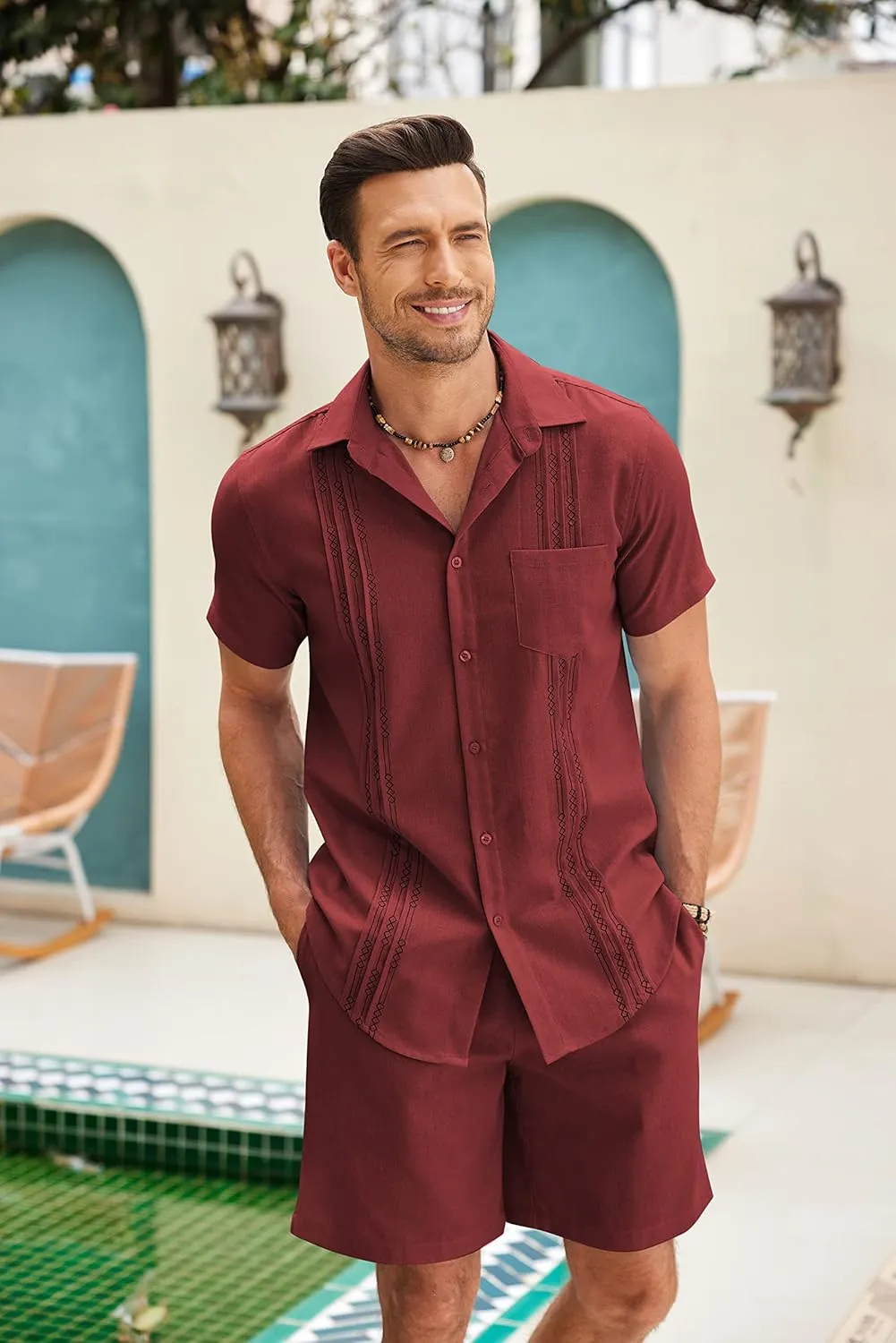 COOFANDY Mens Beach Outfits for Vacation 2 Piece Short Set Guayabra Sets Resort Wear