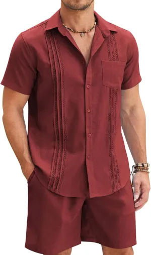 COOFANDY Mens Beach Outfits for Vacation 2 Piece Short Set Guayabra Sets Resort Wear