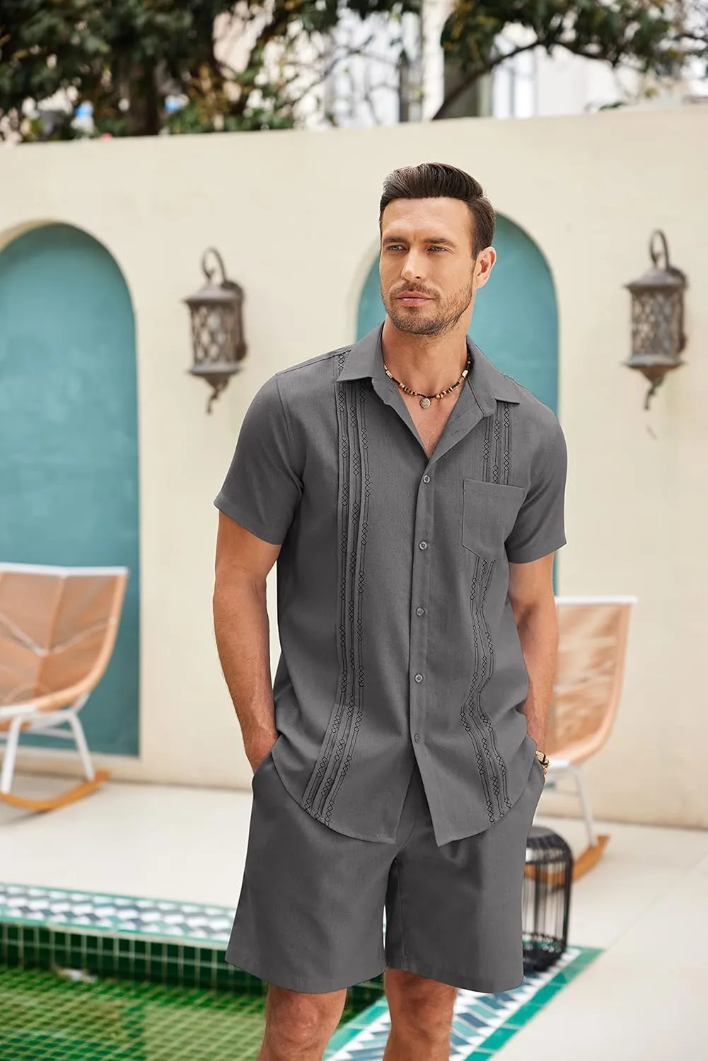 COOFANDY Mens Beach Outfits for Vacation 2 Piece Short Set Guayabra Sets Resort Wear