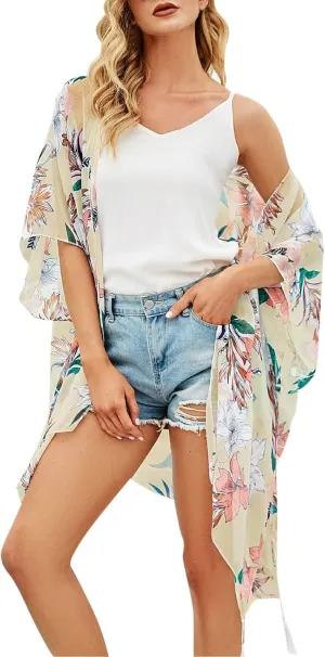 cooki Women's Kimono Cardigan Summer Swimsuit Coverups Beach Cover Up with Floral Print for Vacation Boho Swimwear Coverup
