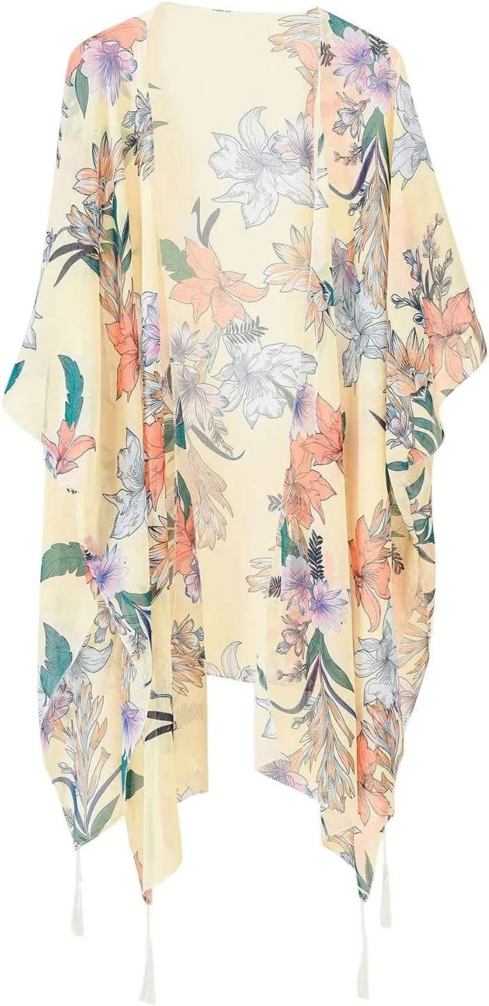 cooki Women's Kimono Cardigan Summer Swimsuit Coverups Beach Cover Up with Floral Print for Vacation Boho Swimwear Coverup