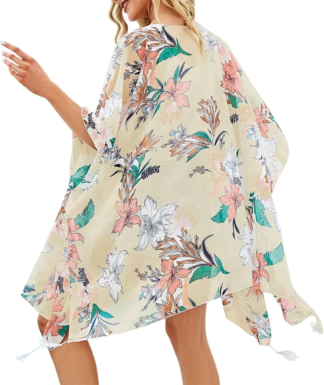 cooki Women's Kimono Cardigan Summer Swimsuit Coverups Beach Cover Up with Floral Print for Vacation Boho Swimwear Coverup