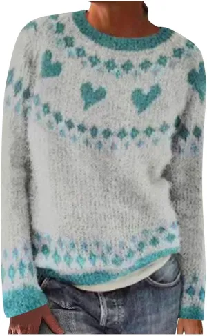 Crewneck Sweaters for Women Cable Knit Fair Isle Embroidery Tops Winter Spring Long Sleeve Loose Sweater Pullover