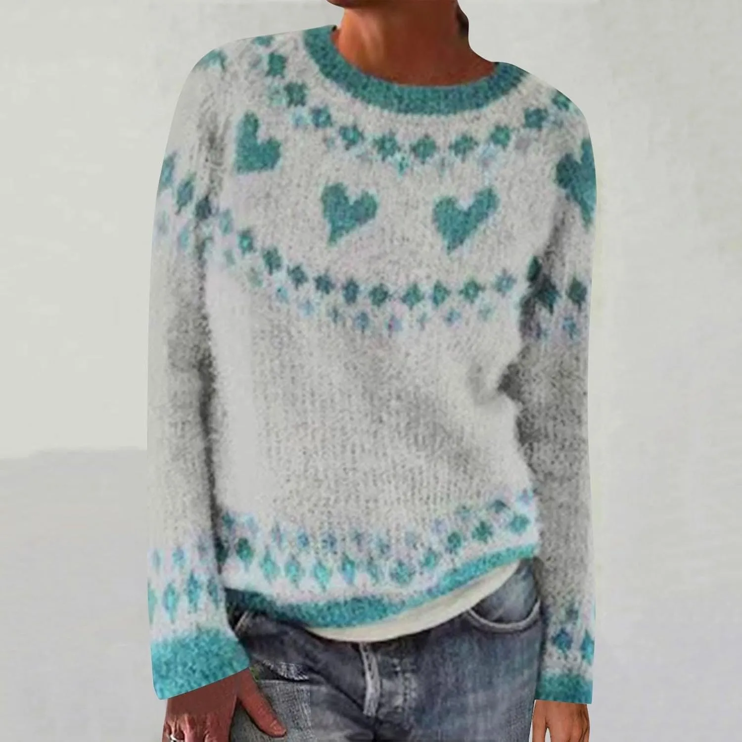 Crewneck Sweaters for Women Cable Knit Fair Isle Embroidery Tops Winter Spring Long Sleeve Loose Sweater Pullover