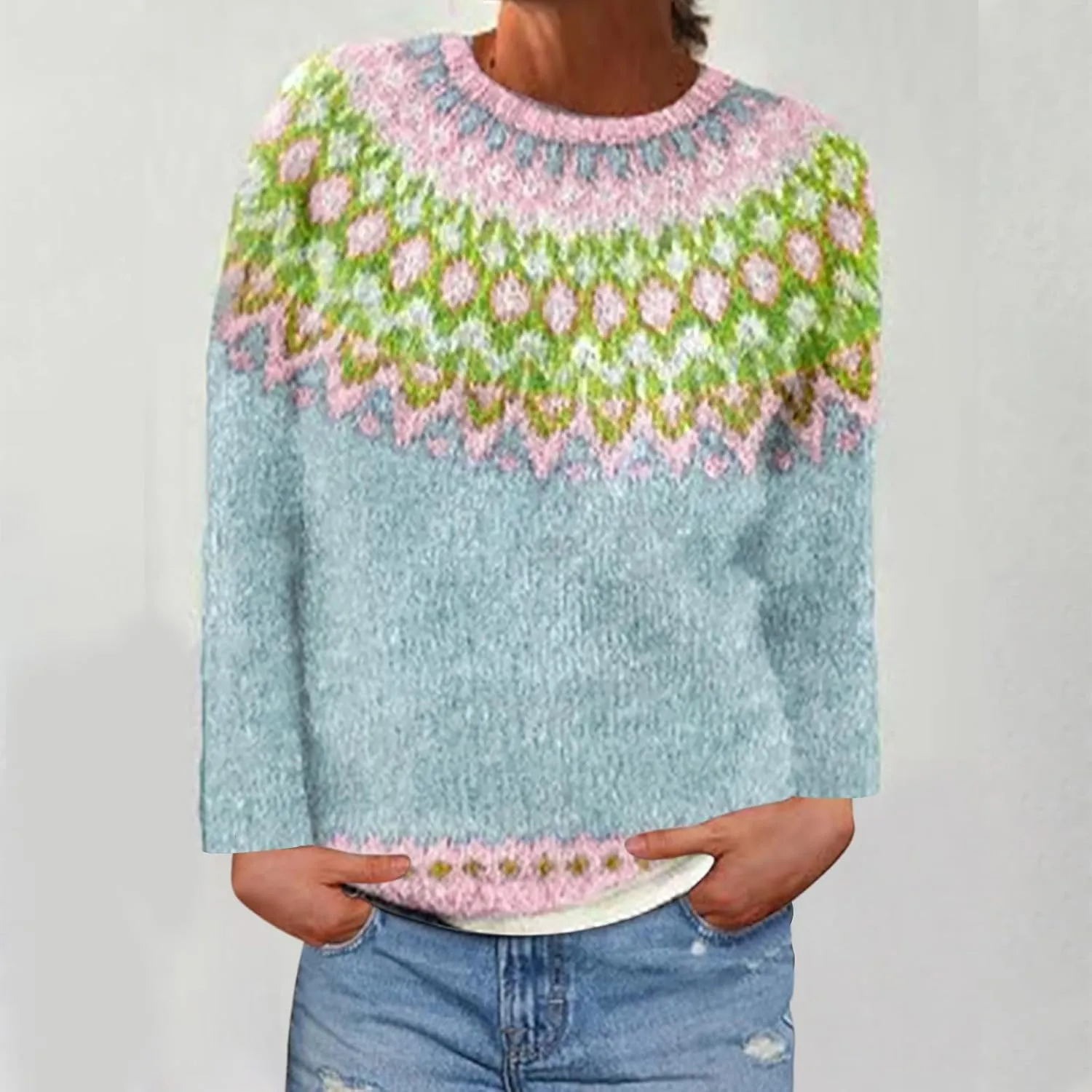 Crewneck Sweaters for Women Cable Knit Fair Isle Embroidery Tops Winter Spring Long Sleeve Loose Sweater Pullover