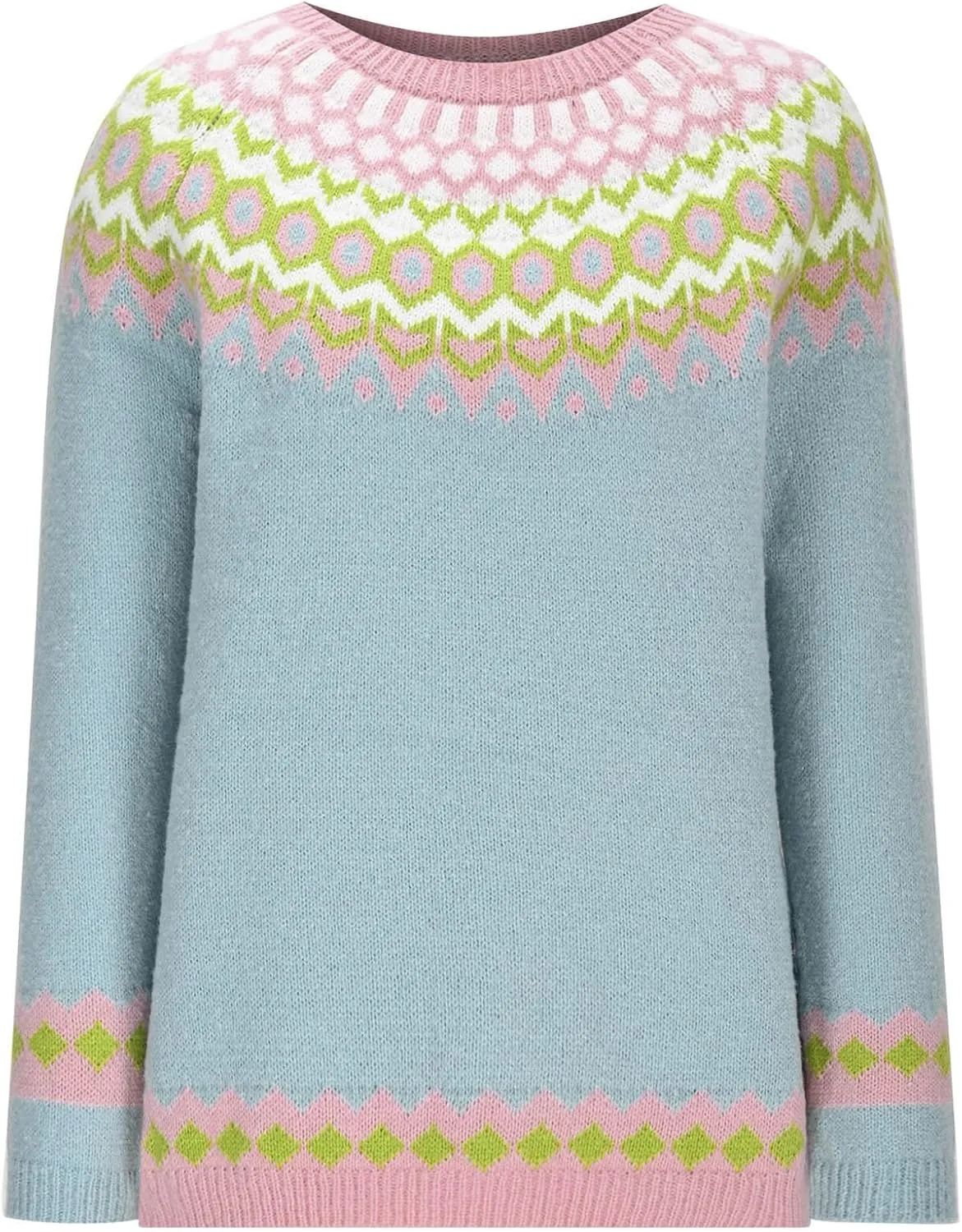 Crewneck Sweaters for Women Cable Knit Fair Isle Embroidery Tops Winter Spring Long Sleeve Loose Sweater Pullover