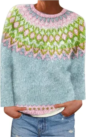 Crewneck Sweaters for Women Cable Knit Fair Isle Embroidery Tops Winter Spring Long Sleeve Loose Sweater Pullover