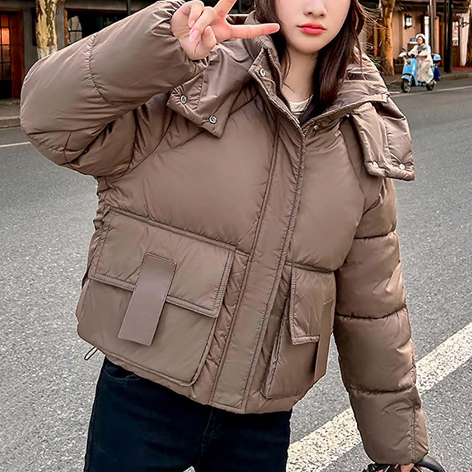 Cropped Puffer Down Jackets for Women Thermal Baggy Long Sleeve Padded Coats Teen Girls Hooded Thicken Bubble Jackets