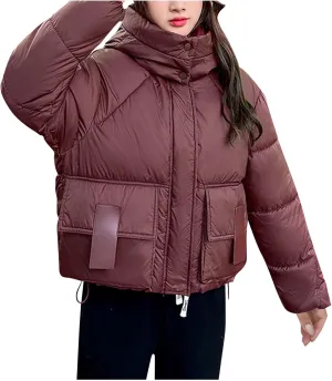 Cropped Puffer Down Jackets for Women Thermal Baggy Long Sleeve Padded Coats Teen Girls Hooded Thicken Bubble Jackets