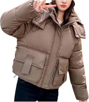 Cropped Puffer Down Jackets for Women Thermal Baggy Long Sleeve Padded Coats Teen Girls Hooded Thicken Bubble Jackets