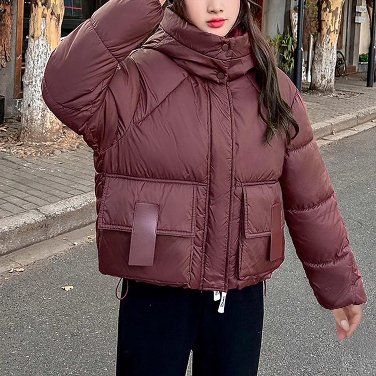 Cropped Puffer Down Jackets for Women Thermal Baggy Long Sleeve Padded Coats Teen Girls Hooded Thicken Bubble Jackets