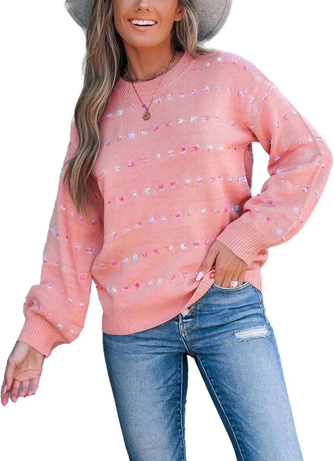 CUPSHE Womens Crewneck Sweaters Long Sleeve Cozy Knit Rainbow Dots Pullover Jumper Tops