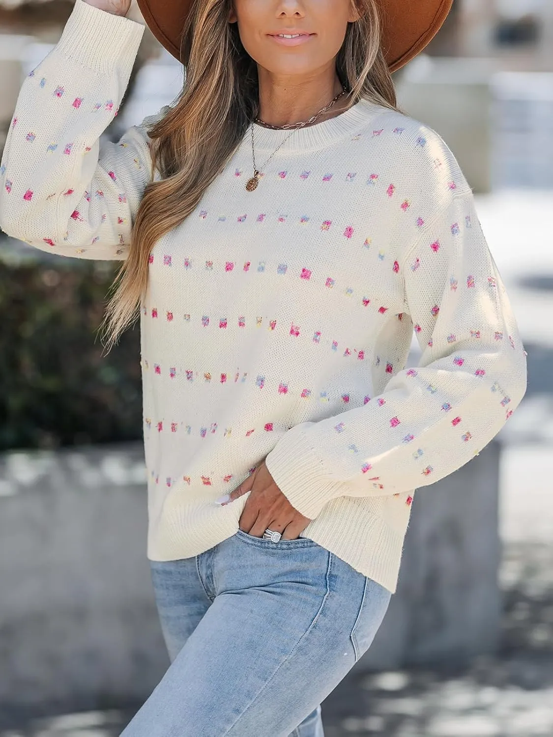 CUPSHE Womens Crewneck Sweaters Long Sleeve Cozy Knit Rainbow Dots Pullover Jumper Tops