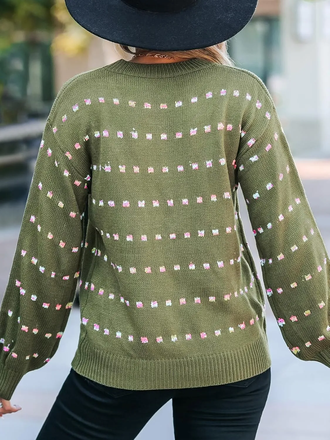 CUPSHE Womens Crewneck Sweaters Long Sleeve Cozy Knit Rainbow Dots Pullover Jumper Tops