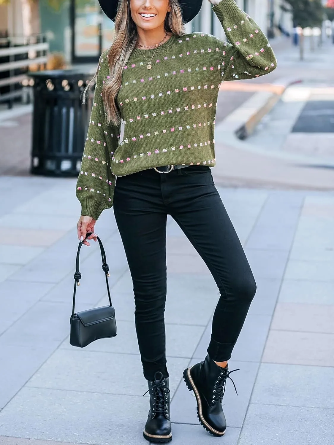 CUPSHE Womens Crewneck Sweaters Long Sleeve Cozy Knit Rainbow Dots Pullover Jumper Tops