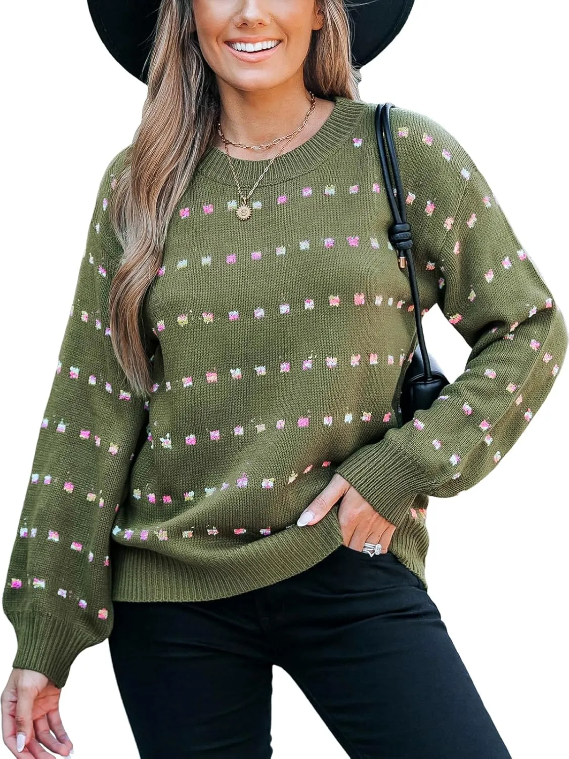 CUPSHE Womens Crewneck Sweaters Long Sleeve Cozy Knit Rainbow Dots Pullover Jumper Tops