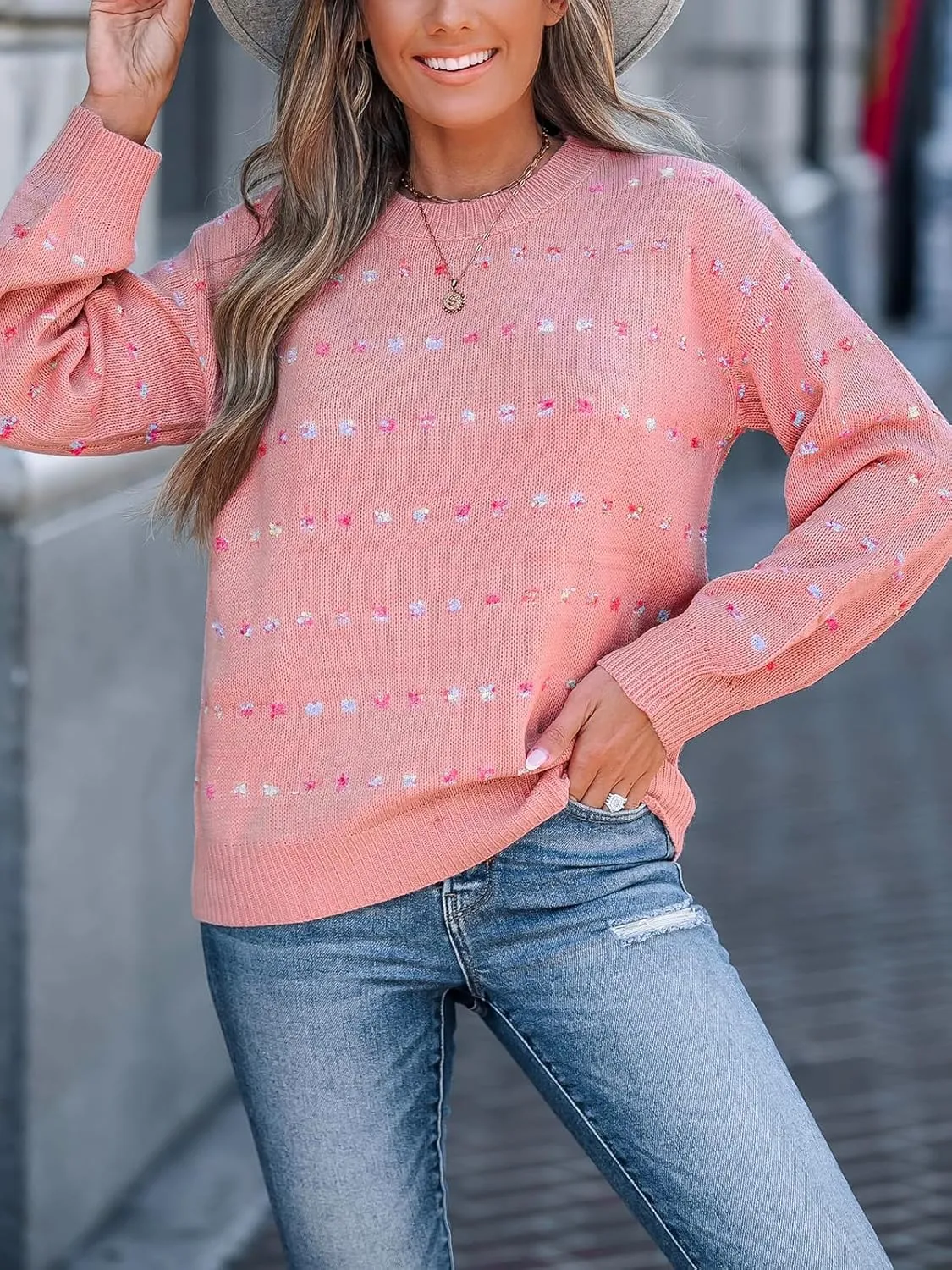 CUPSHE Womens Crewneck Sweaters Long Sleeve Cozy Knit Rainbow Dots Pullover Jumper Tops