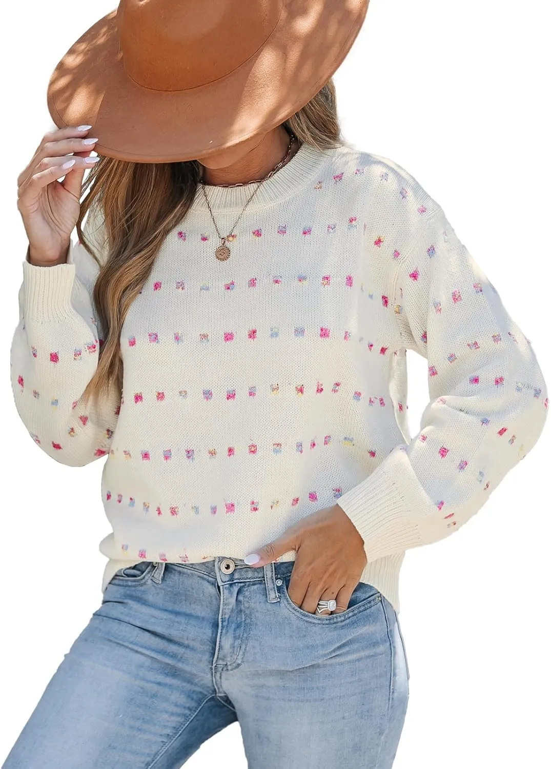 CUPSHE Womens Crewneck Sweaters Long Sleeve Cozy Knit Rainbow Dots Pullover Jumper Tops